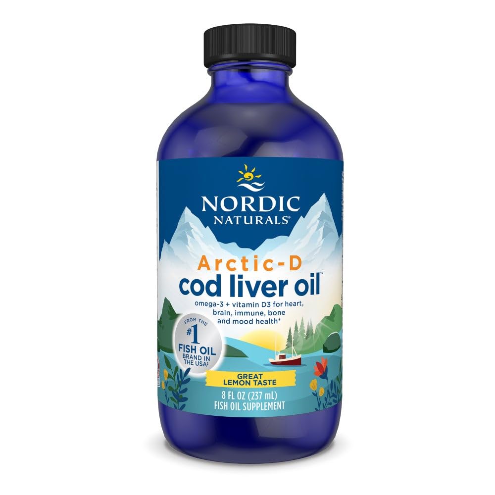 Nordic Naturals Arctic-D lemon cod liver oil bottle supports daily omega-3 intake