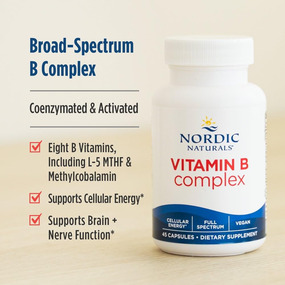 Nordic Naturals Vitamin B Complex label highlights B vitamins and purity.