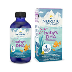 Nordic Naturals Baby’s DHA bottle closeup showing trusted omega-3 for brain support.