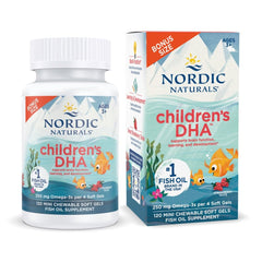 Nordic Naturals Children’s DHA strawberry bottle showing kid-friendly omega-3 soft gels