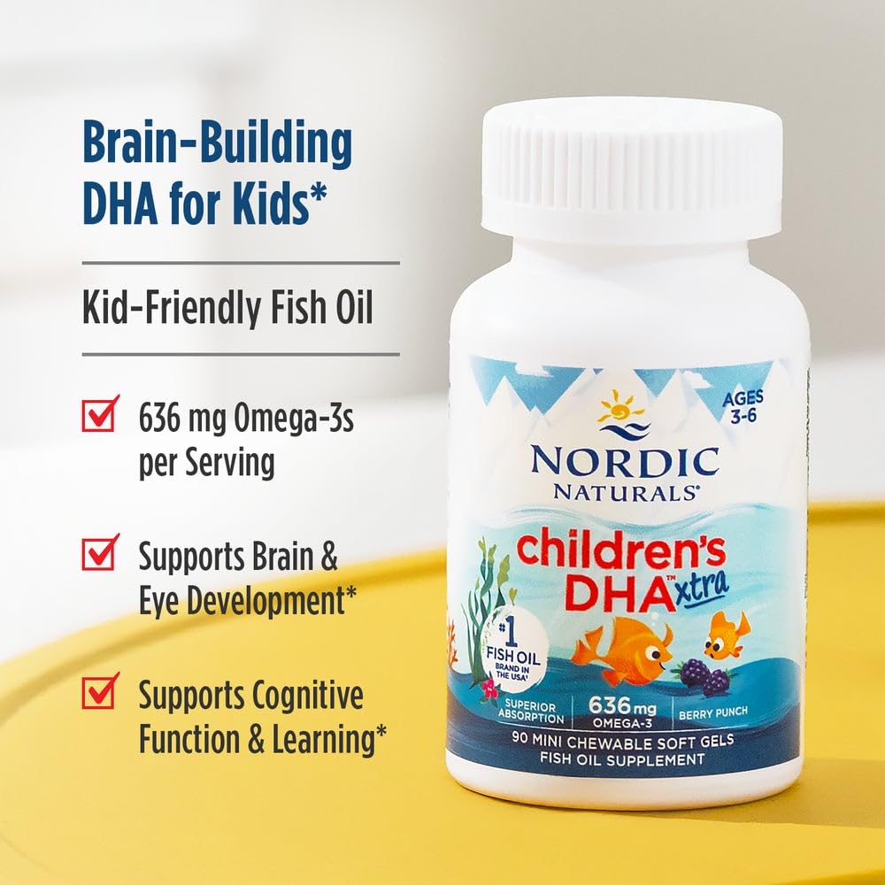 Nordic Naturals children's DHA Xtra close-up of chewables emphasizes berry flavor for easy chewing.
