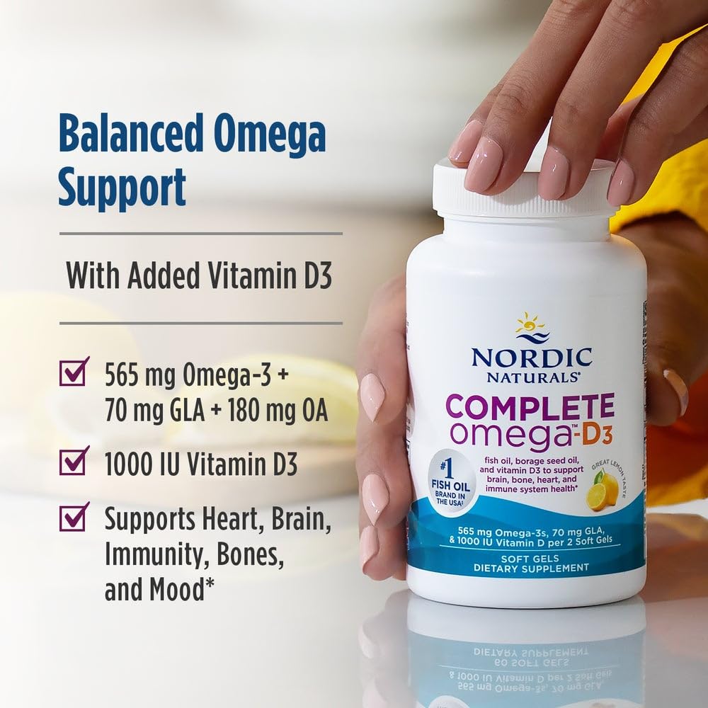 Nordic Naturals Complete Omega-D3 lemon flavor bottle pouring, showcasing convenient serving.