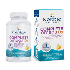 Nordic Naturals Complete Omega-D3 lemon bottle with soft gels for daily wellness.