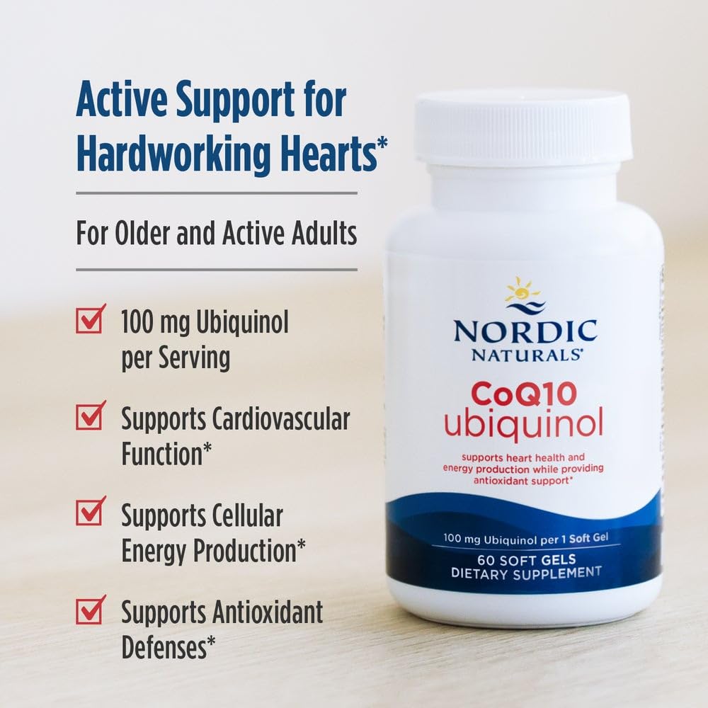 Nordic Naturals CoQ10 ubiquinol bottle back label detailing non-GMO and dairy-free features.