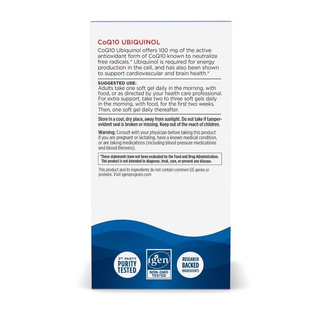 Nordic Naturals CoQ10 ubiquinol ingredients and purity stamp on packaging.