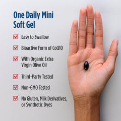 Nordic Naturals CoQ10 ubiquinol soft gels in hand for easy daily supplementation.