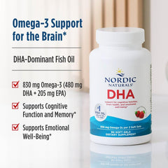 Nordic Naturals DHA Strawberry label closeup emphasizes purity and testing