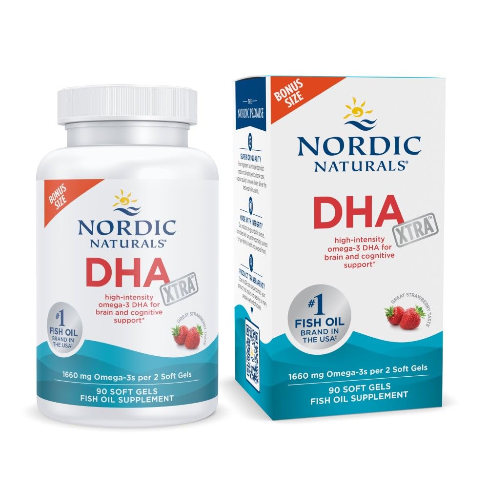 Nordic Naturals DHA Xtra strawberry bottle front showing high-DHA omega-3 formula for brain support.
