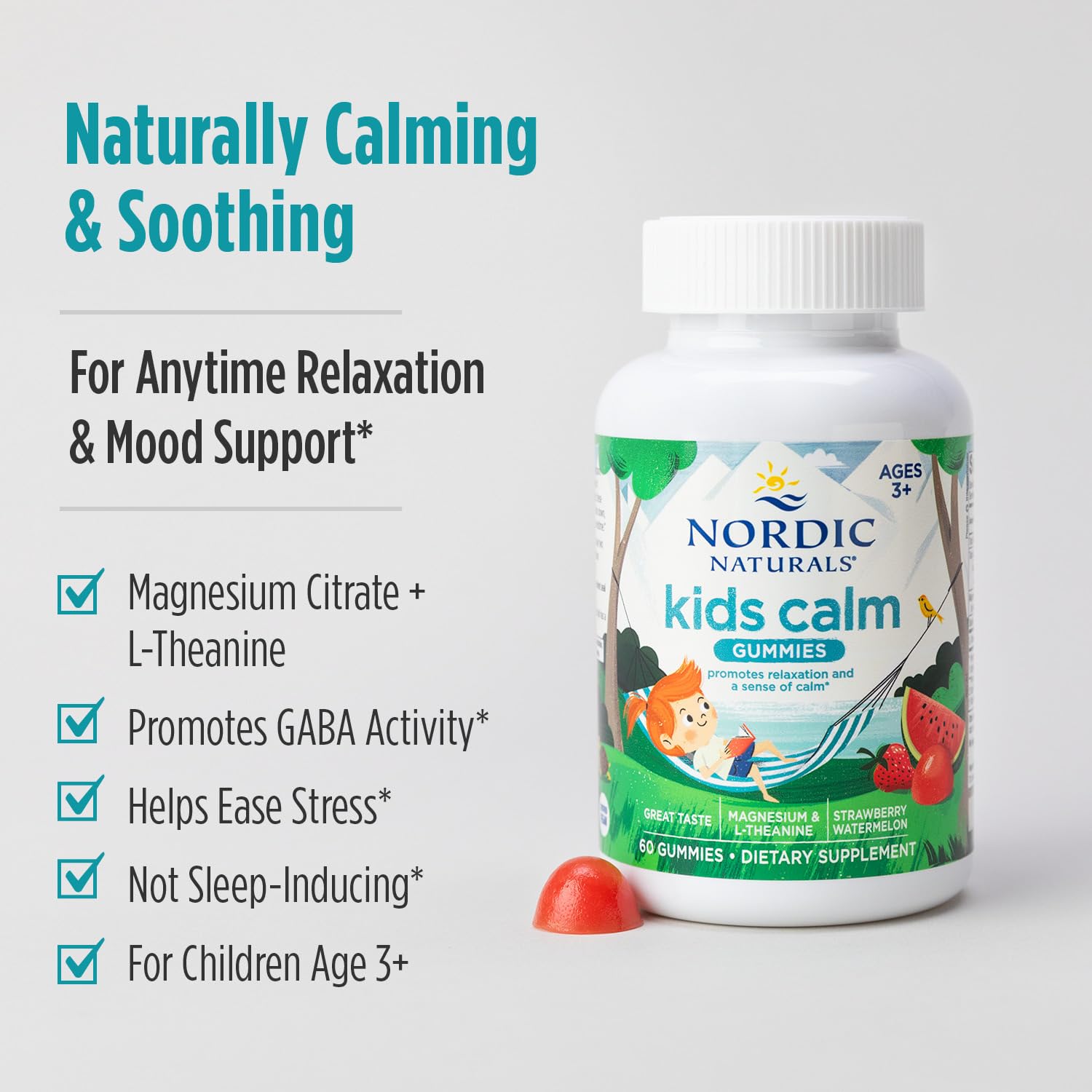 Family-friendly scene with Nordic Naturals Kids Calm Gummies ready for wind-down