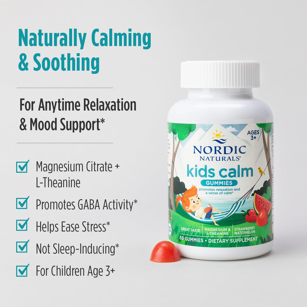 Family-friendly scene with Nordic Naturals Kids Calm Gummies ready for wind-down