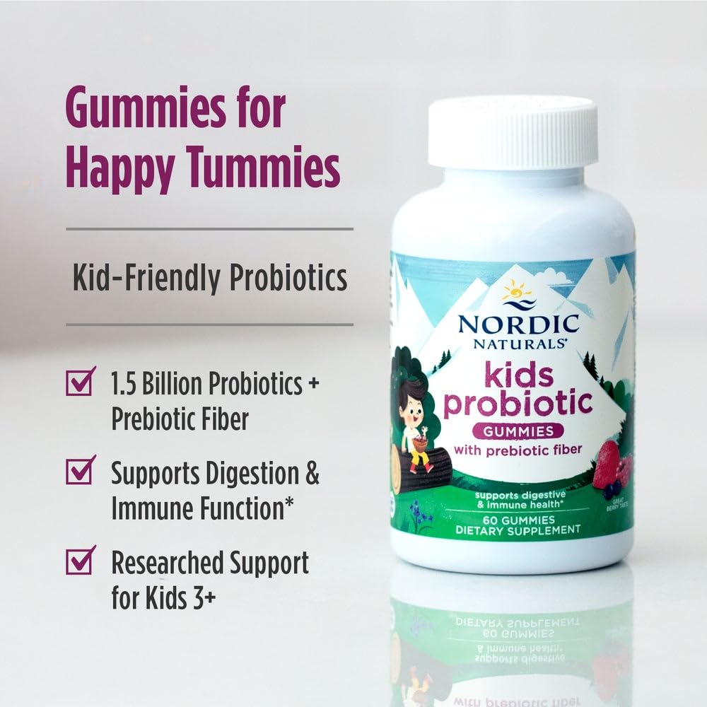 Nordic Naturals Kids Nordic Flora Probiotic Gummies close-up highlights berry flavor appeal for kids.