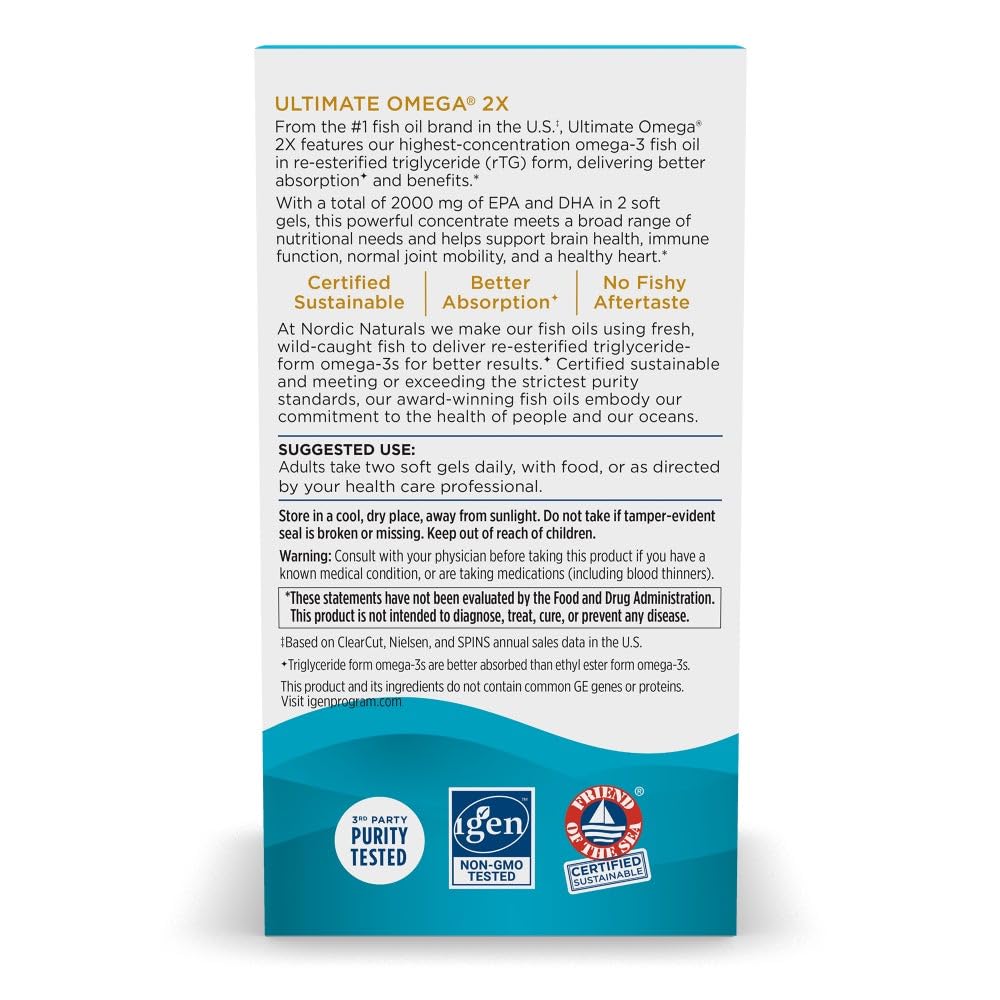 Nordic Naturals Ultimate Omega 2X bottle with clear serving guidance.