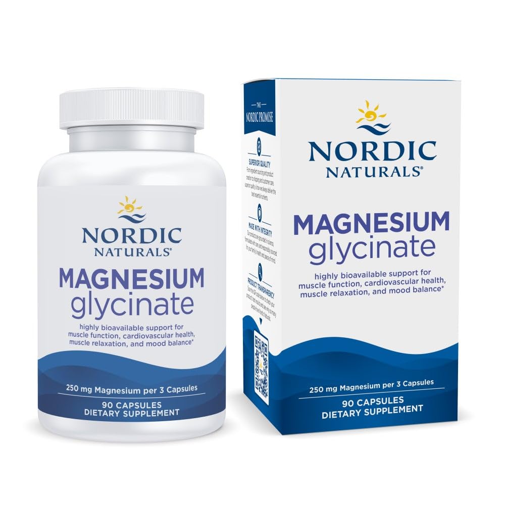 Nordic Naturals magnesium glycinate bottle; convenient daily support for energy balance and muscle function.