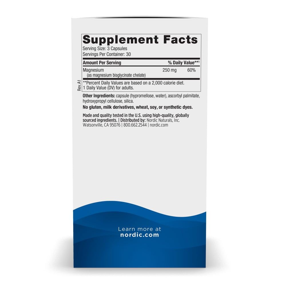 Nordic Naturals magnesium glycinate capsules close-up; highly bioavailable form for gentler digestion.