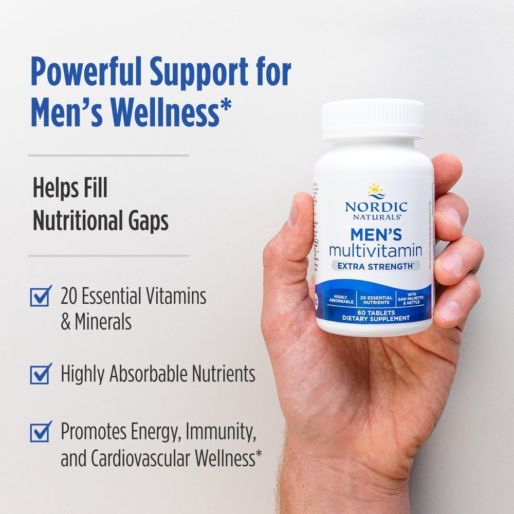 Nordic Naturals Men’s Multivitamin Extra Strength label closeup reveals chelated minerals for better absorption.