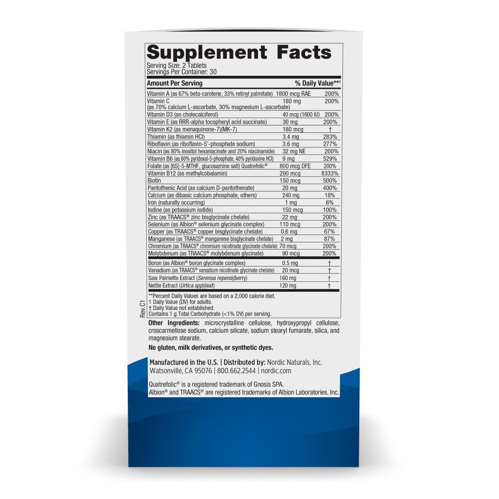 Nordic Naturals Men’s Multivitamin Extra Strength tablets demonstrate high-potency nutrients for energy and bone support.