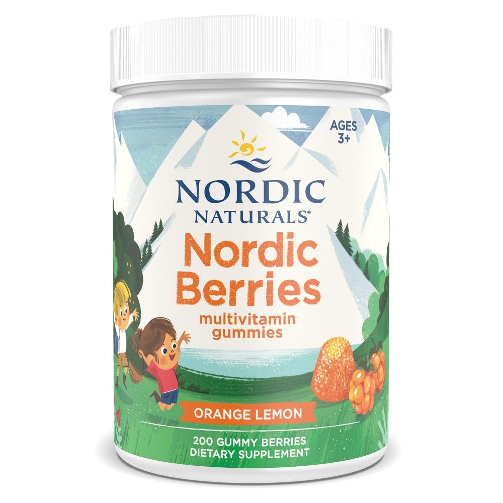 Nordic Berries Citrus bottle on kitchen counter highlights a tasty daily vitamin for kids.