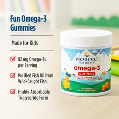 Nordic Naturals Omega-3 Gummies serving dish demonstrates kid-friendly healthy snack.