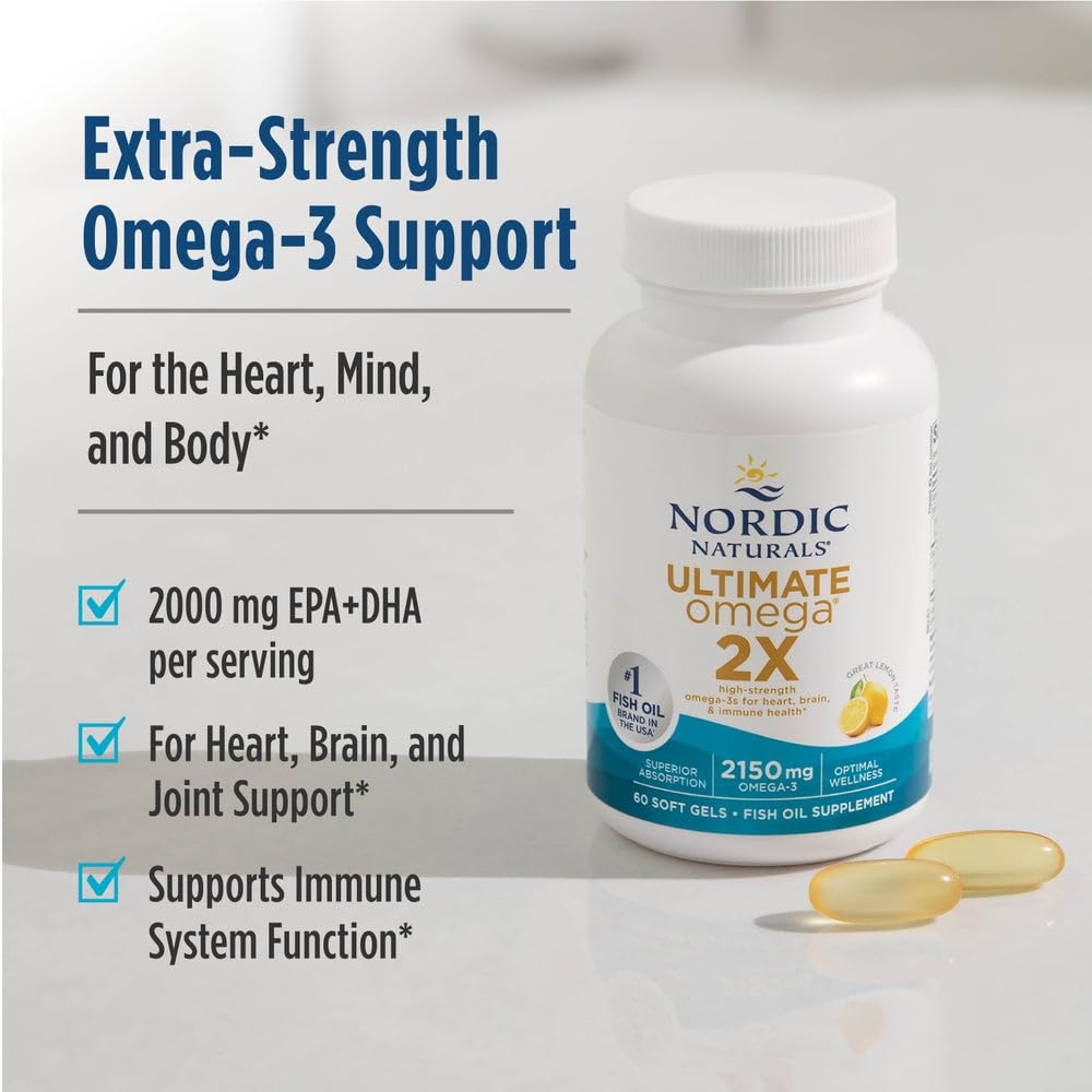 Nordic Naturals Ultimate Omega 2X bottle highlighting EPA and DHA content.
