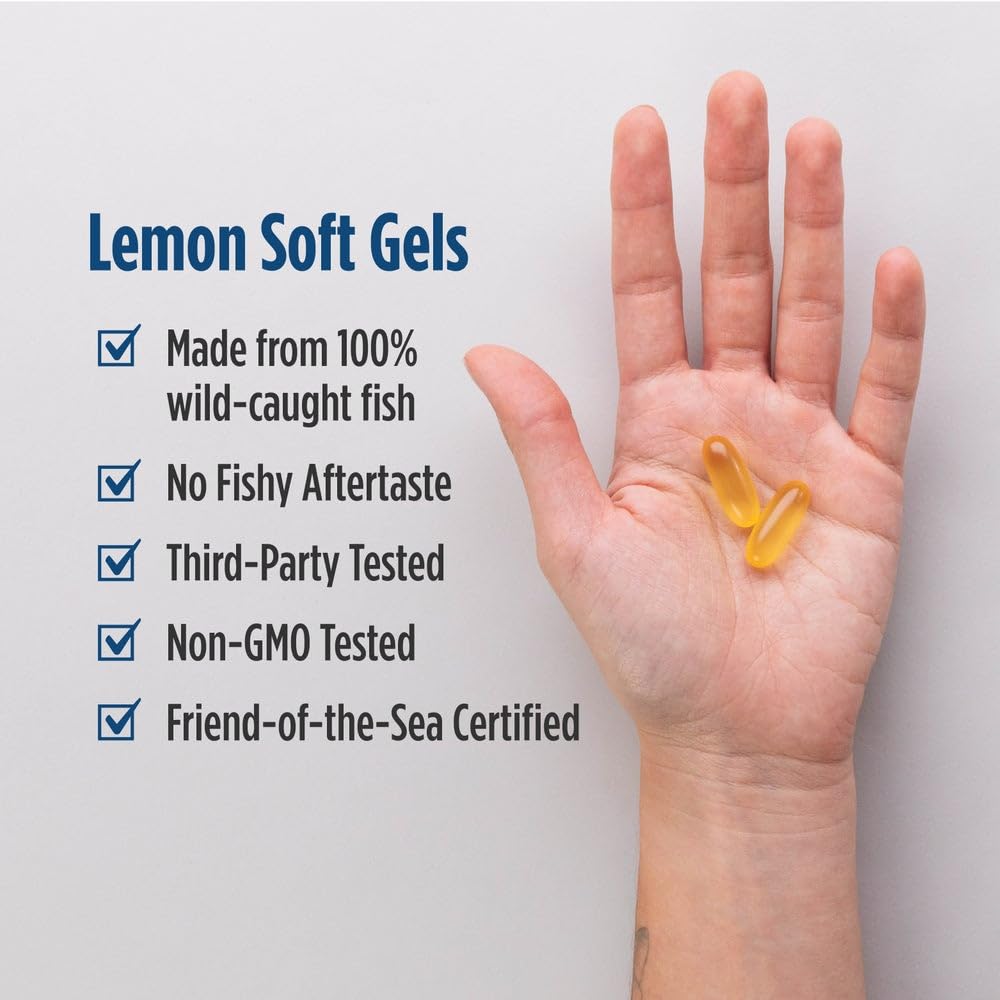 Nordic Naturals Omega-3 Lemon bottle pour showing convenient daily dosing.