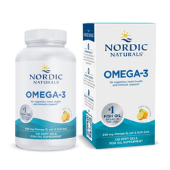 Nordic Naturals Omega-3 Lemon soft-gels bottle for daily wellness support.