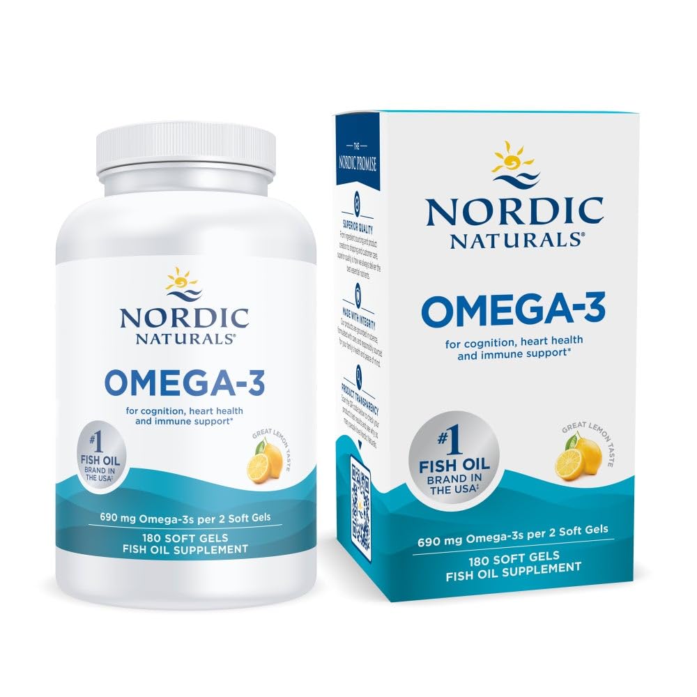 Nordic Naturals Omega-3 lemon softgel bottle for daily heart and brain health support.