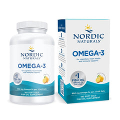 Nordic Naturals Omega-3 lemon softgel bottle for daily heart and brain health support.