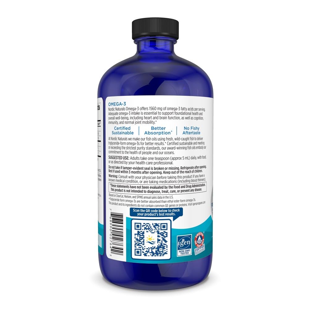 Nordic Naturals Omega-3 Lemon bottle with spoon, convenient daily supplement.