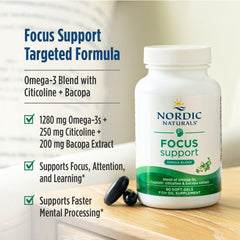 Nordic Naturals Omega Focus label and packaging—transparent purity and non-GMO commitments.