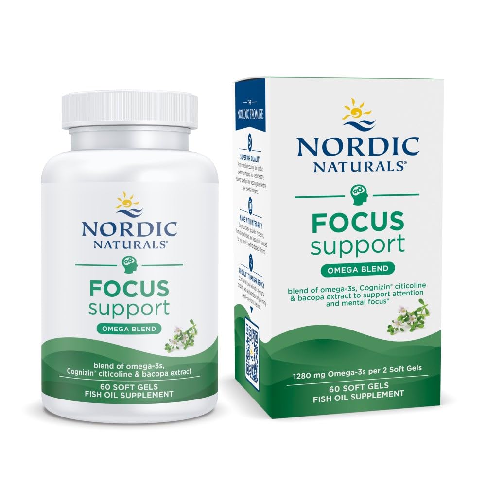 Nordic Naturals Omega Focus lemon bottle—easy daily omega-3 for focus and mental clarity.