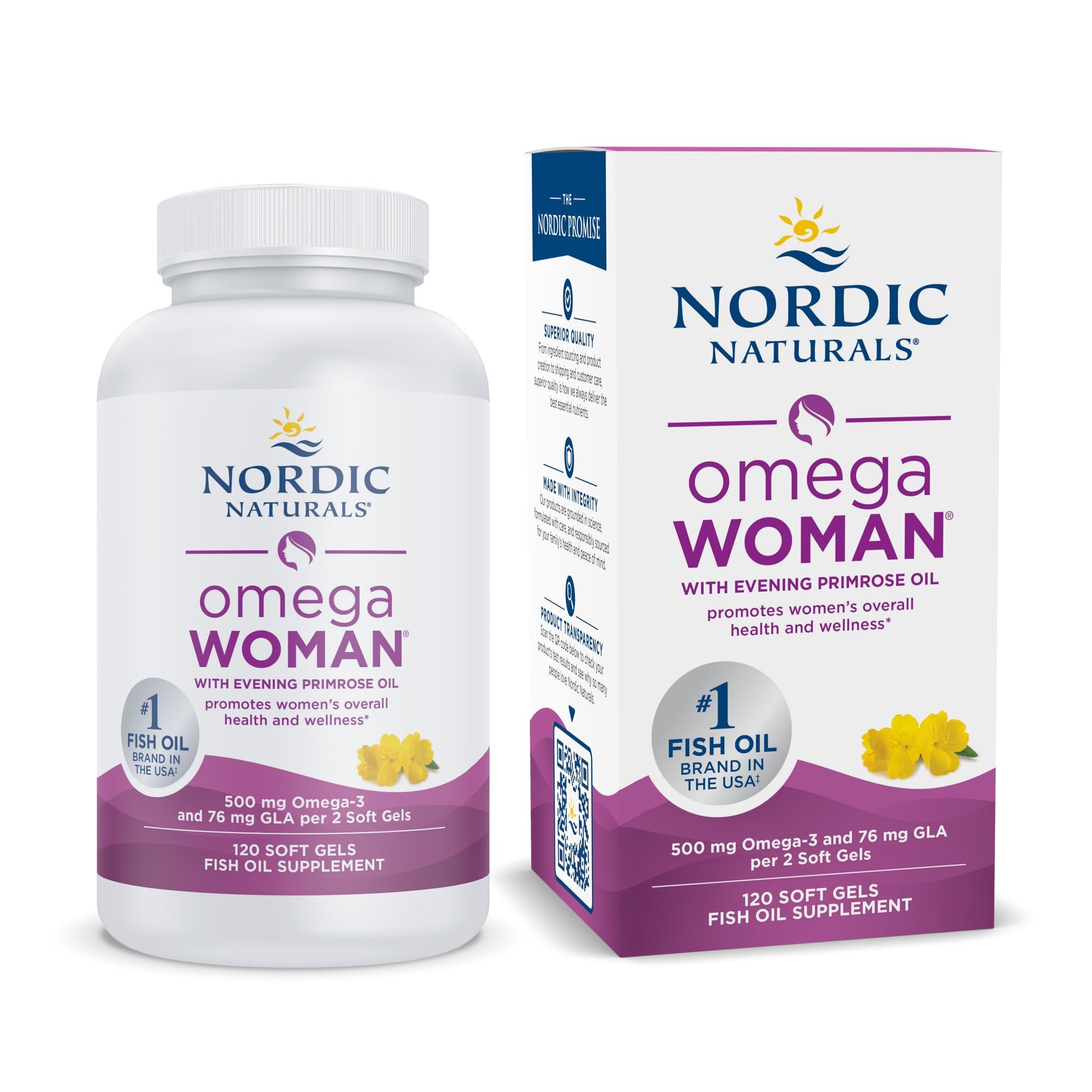 Nordic Naturals Omega Woman lemon soft gels bottle highlights daily skin wellness support