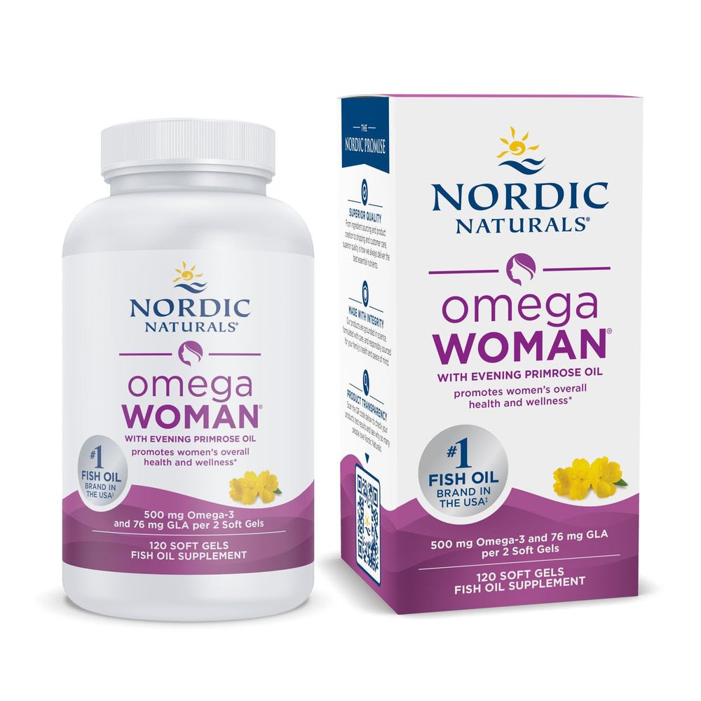 Nordic Naturals Omega Woman lemon soft gels bottle highlights daily skin wellness support