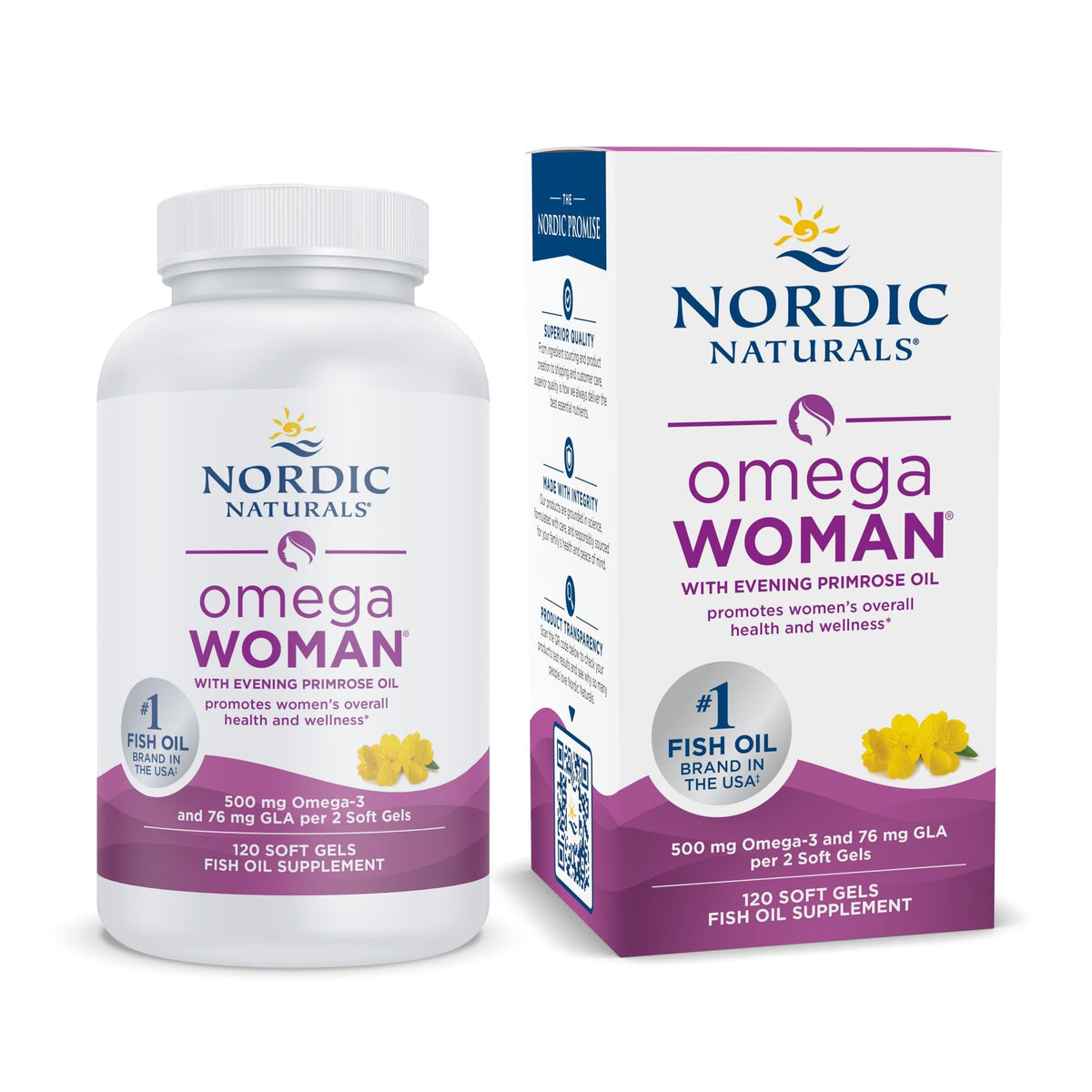 Nordic Naturals Omega Woman lemon soft gels bottle highlights daily skin wellness support