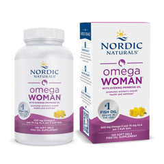Nordic Naturals Omega Woman lemon soft gels bottle highlights daily skin wellness support