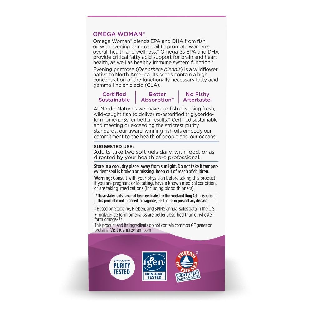 Nordic Naturals Omega Woman ingredients panel shows fish oil and evening primrose oil blend