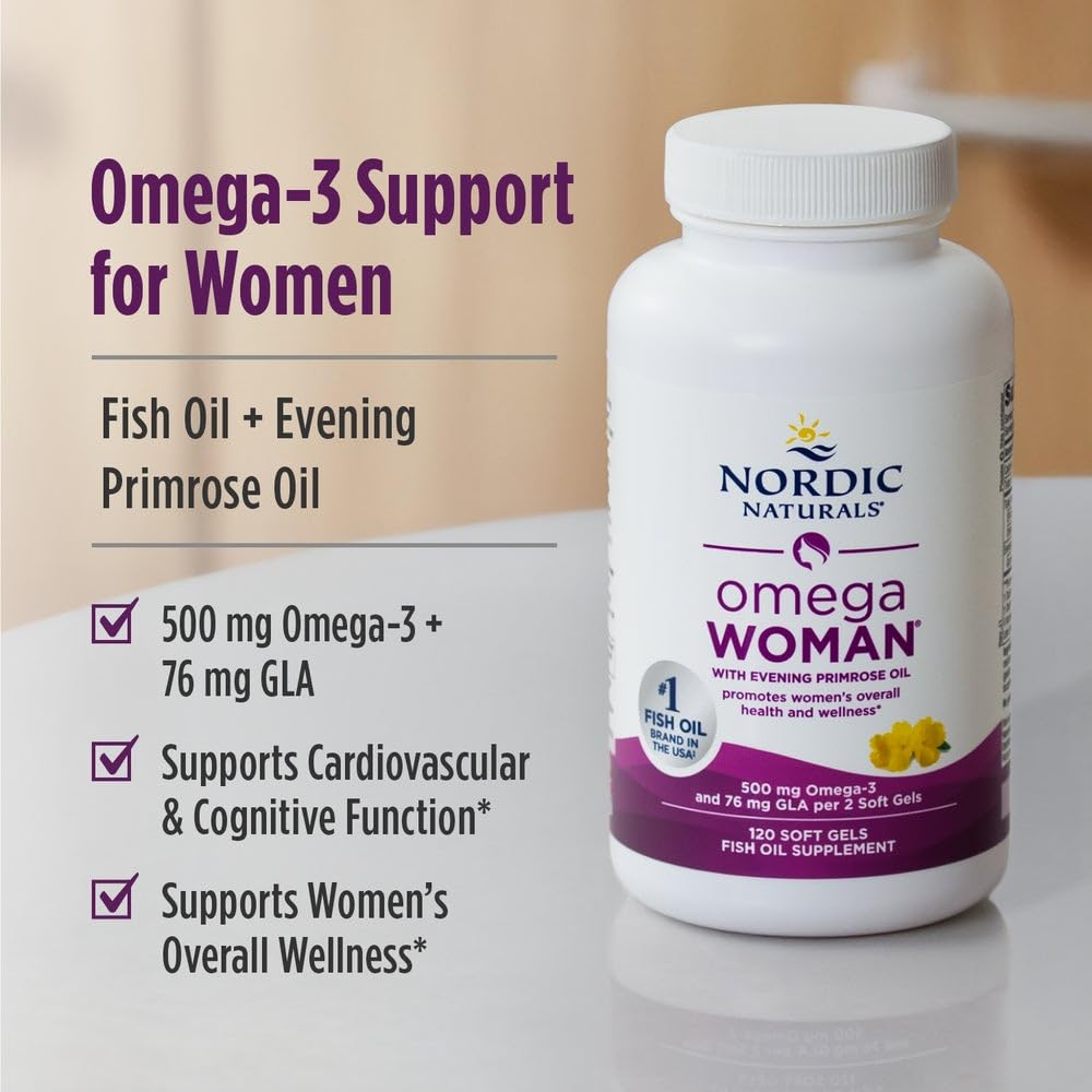 Nordic Naturals Omega Woman pour image suggesting easy daily dosing with meals