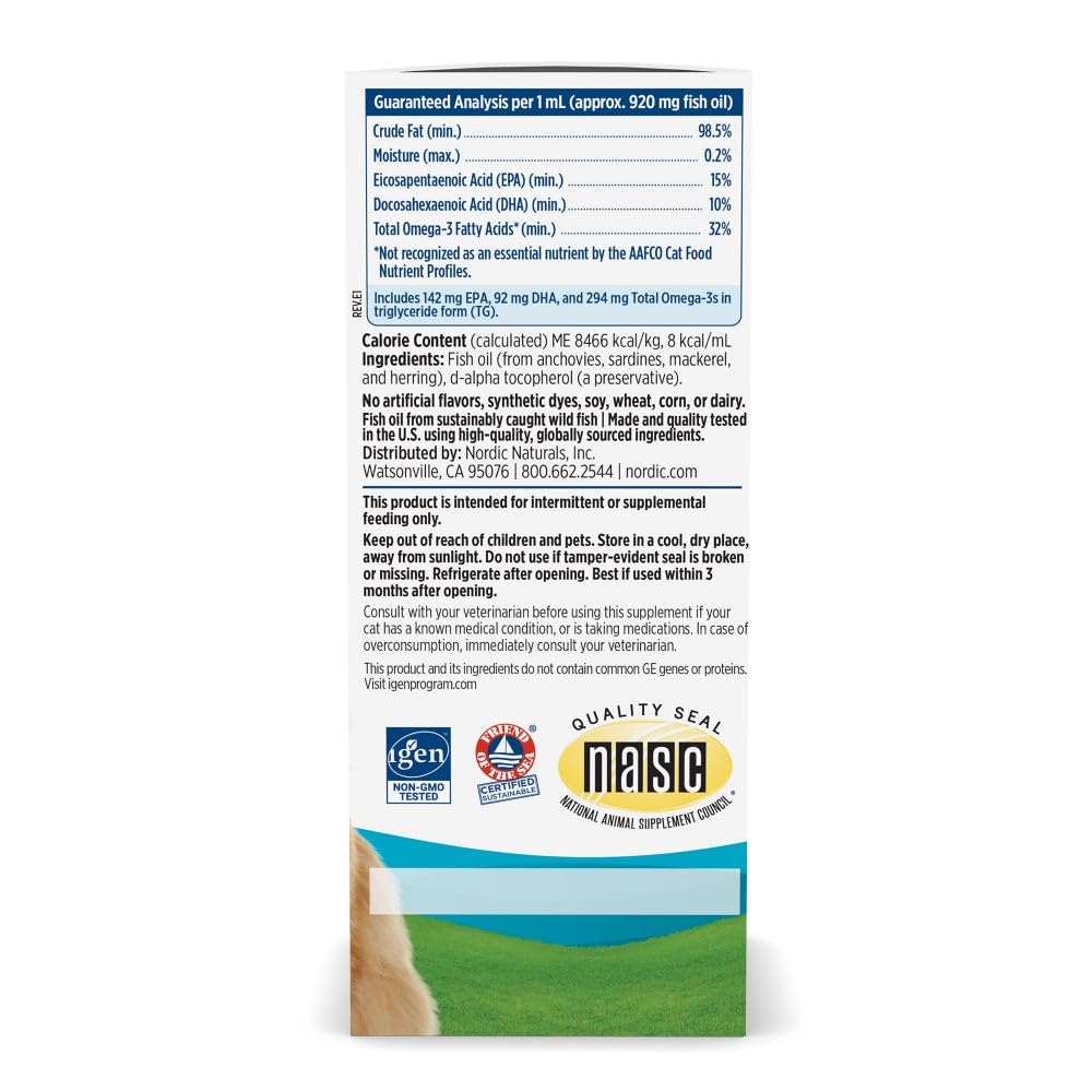 Nordic Naturals Omega-3 Cat bottle label close-up highlights purity and non-GMO promise