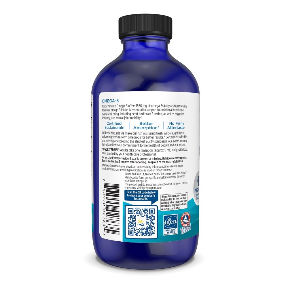 Nordic Naturals Omega-3 Lemon bottle with spoon conveys easy everyday consumption