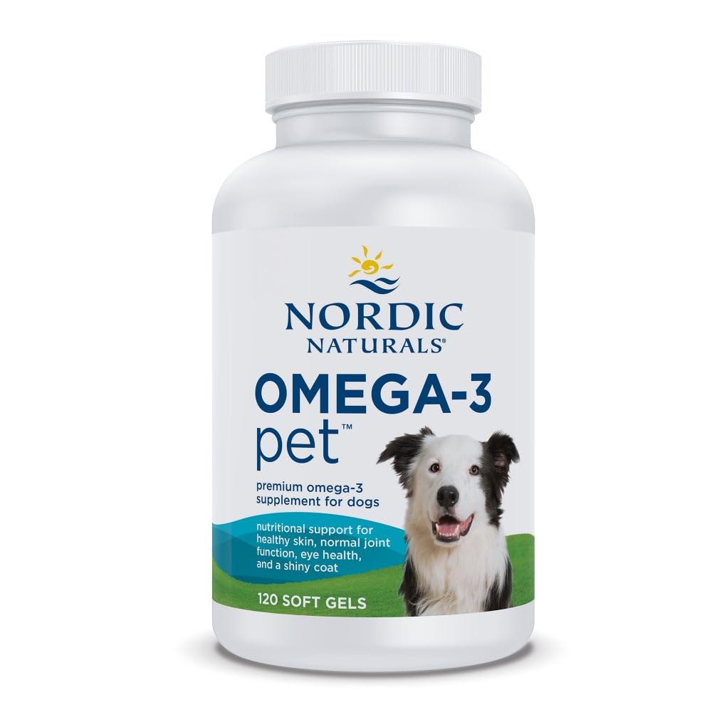 Nordic Naturals Omega-3 Pet bottle showing purity and quality for dogs.