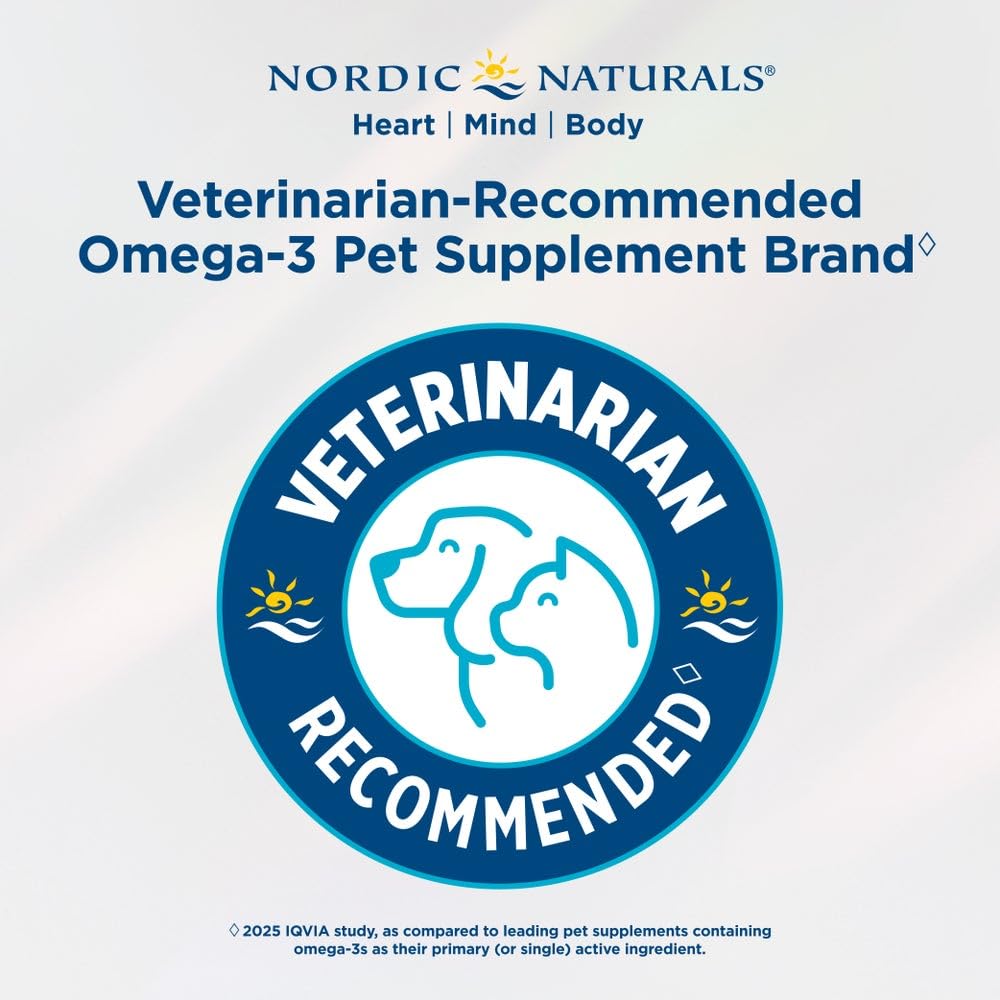 Nordic Naturals Omega-3 Pet dosing example showing use with a dog owner.