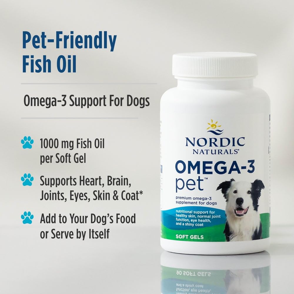 Nordic Naturals Omega-3 Pet label purity image conveys non-GMO and dairy-free ingredients.