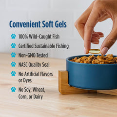 Nordic Naturals Omega-3 Pet unflavored softgels shown for stress-free daily use.