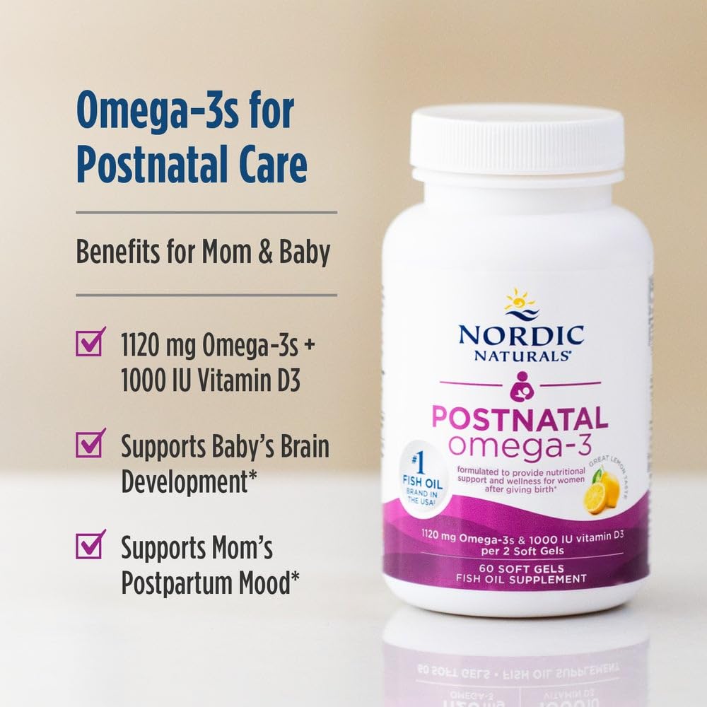 Bottle label highlights 1120 total omega-3 and 1000 IU vitamin D3 for postnatal wellness