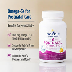 Bottle label highlights 1120 total omega-3 and 1000 IU vitamin D3 for postnatal wellness