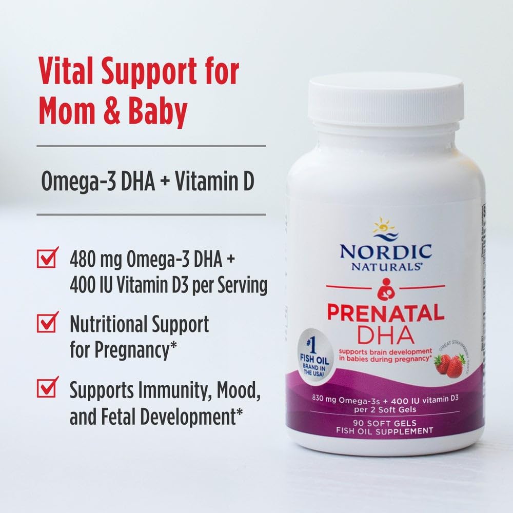 Nordic Naturals Prenatal DHA Vitamin D3 label highlights added nutrients for bones and immune support.