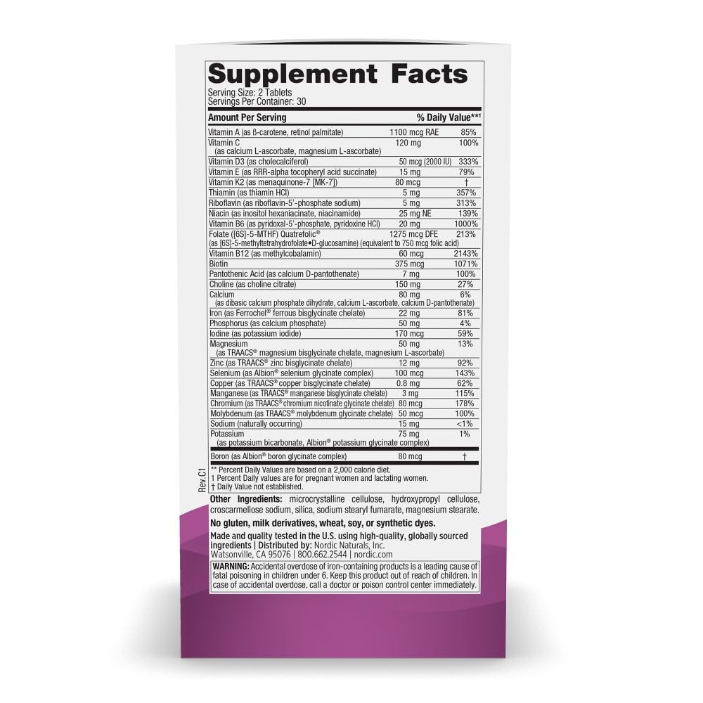 Close-up of Nordic Naturals prenatal multivitamin tablets for easy absorption