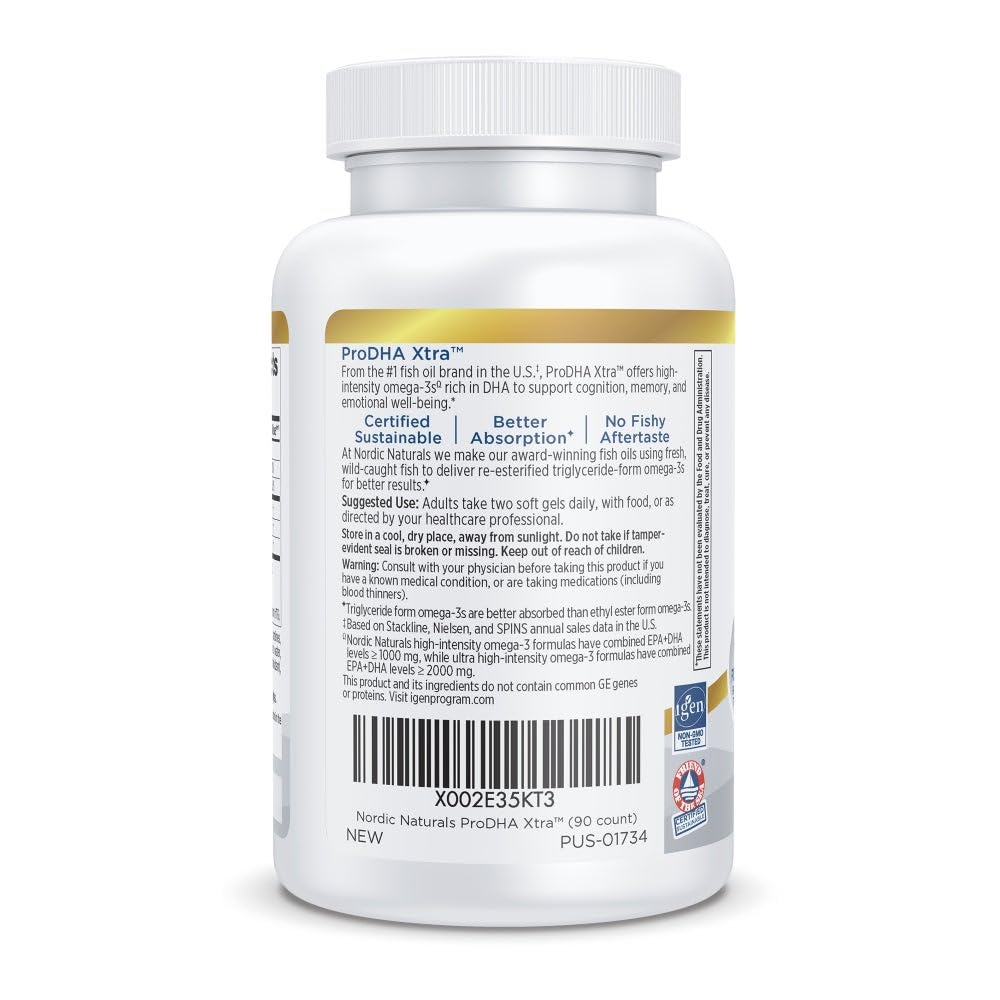 Nordic Naturals ProDHA Xtra nutrition label emphasizing DHA-rich formula.