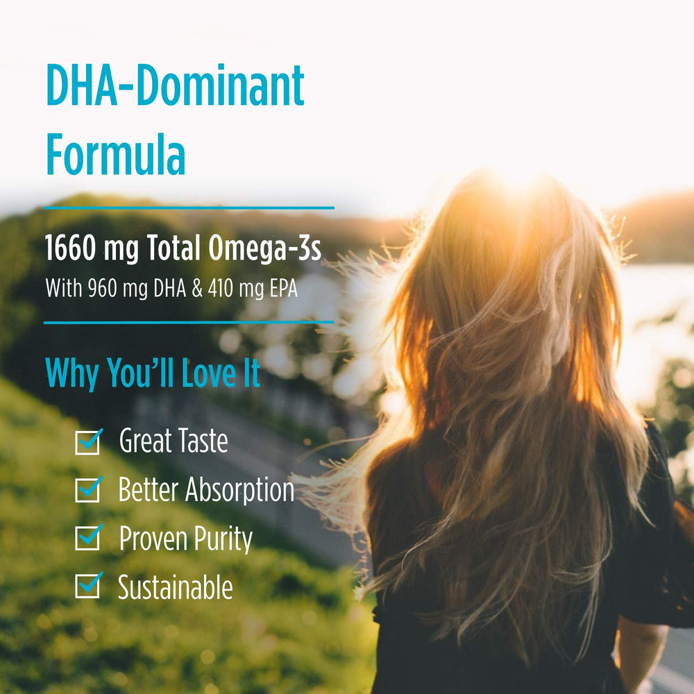 Nordic Naturals ProDHA Xtra serving image emphasizing brain and mood benefits.