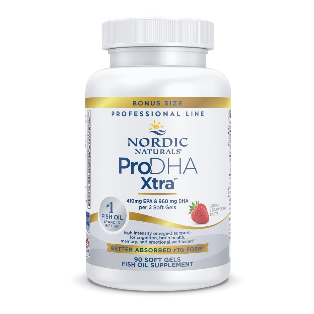 Nordic Naturals ProDHA Xtra strawberry softgels in bottle showing daily omega-3 support.