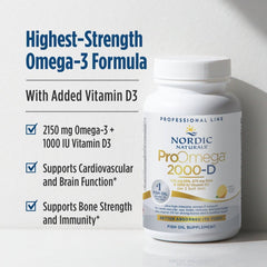Label closeup of Nordic Naturals ProOmega 2000-D lemon; clear EPA and DHA information.